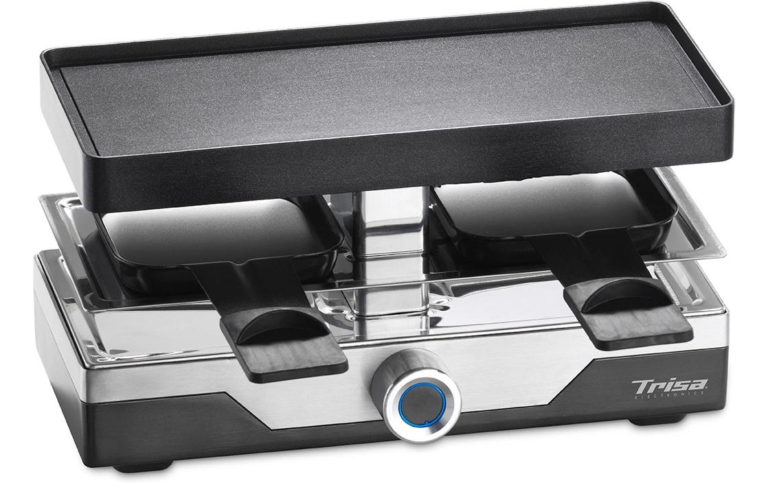 Trisa Electronics Trisa Raclette-Grill Premium – 2 Personen, 500 W, Aluguss-Grillplatte, Pfännchenablage – Edelstahl