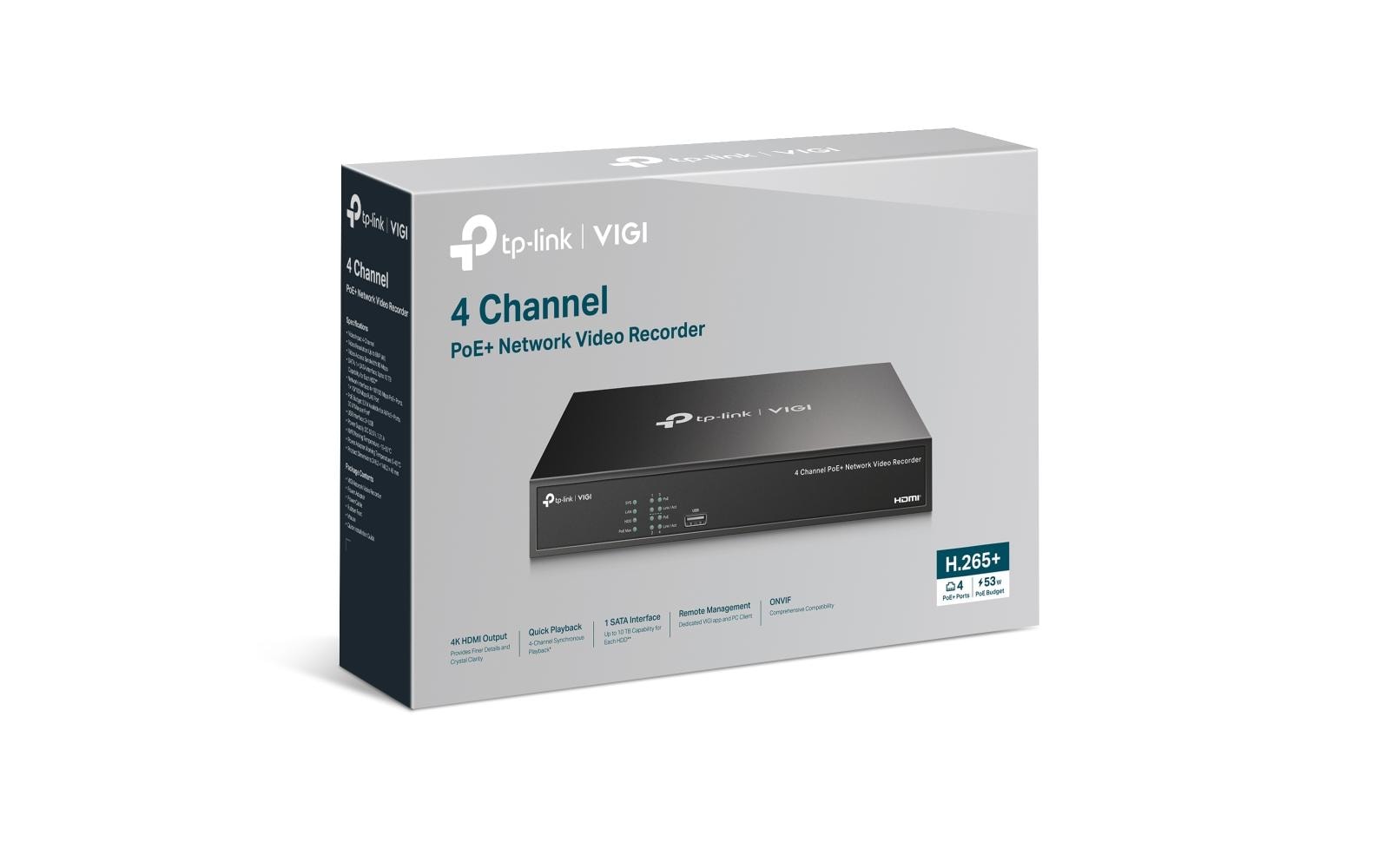 TP-Link VIGI NVR – 4 Kanäle, PoE+ 30 W, 4 PoE-Ports, für ONVIF