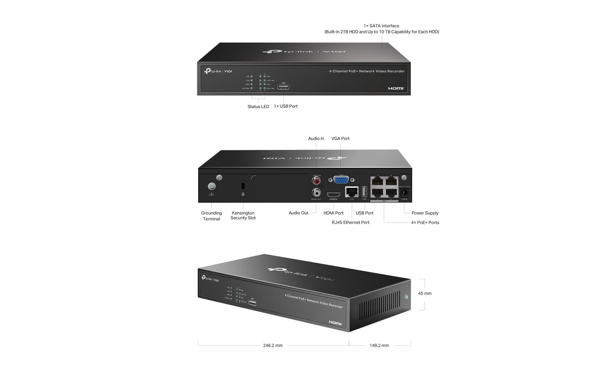 TP-Link VIGI NVR – 4 Kanäle, PoE+ 30 W, 4 PoE-Ports, für ONVIF