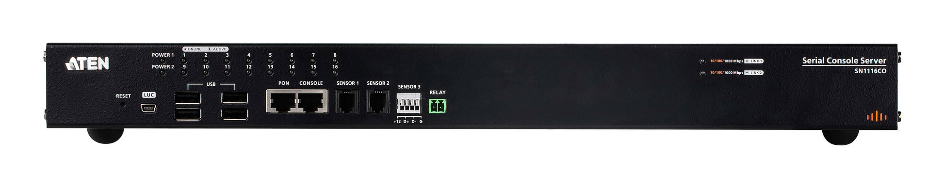 ATEN SN1116CO Serieller Konsolenserver – 16× RJ‑45, 2× SFP, 4× USB 2.0, Duale Stromversorgung – Schwarz
