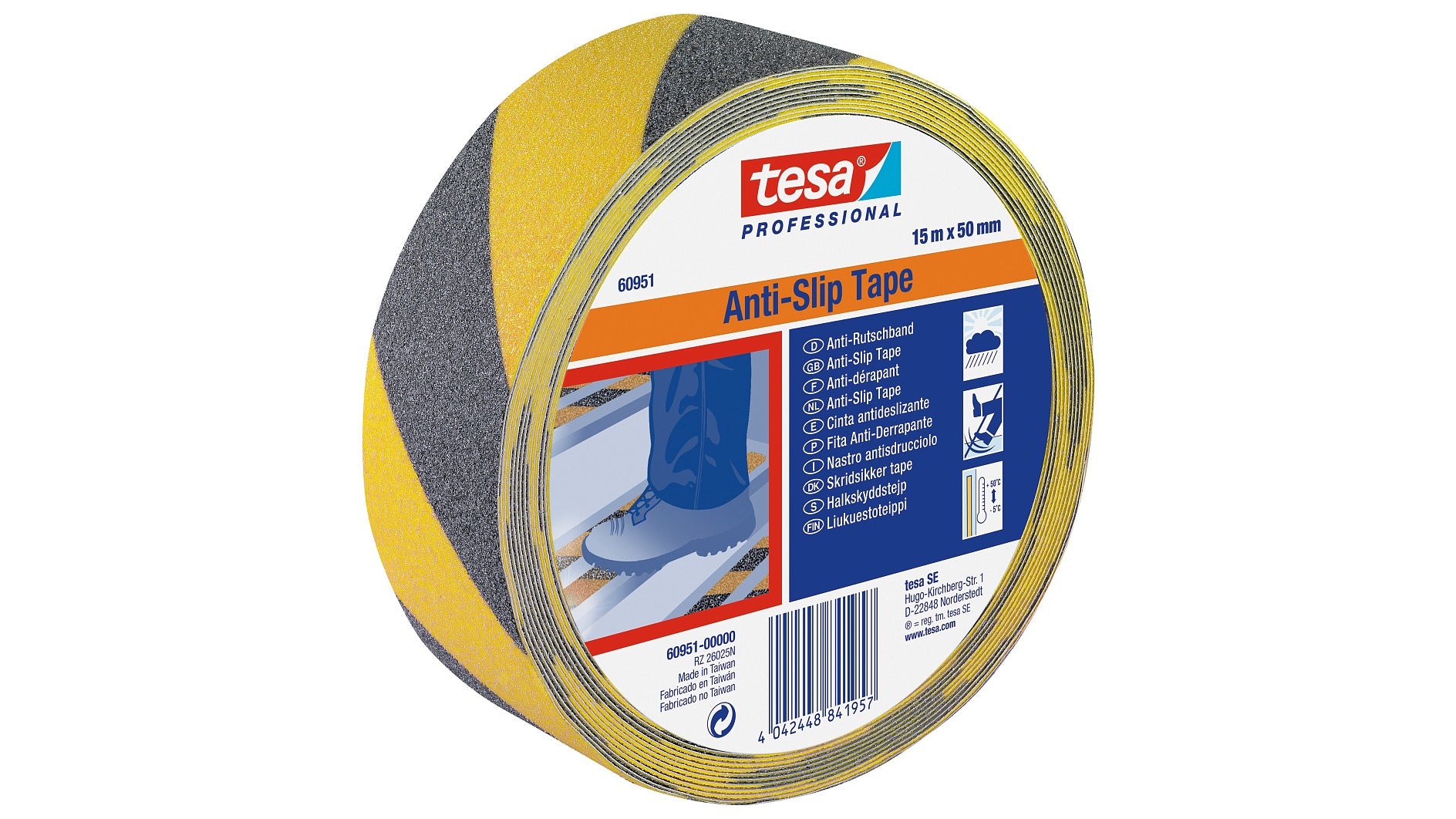 TESA Bodenmarkierungsband – 50 mm × 15 m, gelb/schwarz, PVC, extra stark, wasserfest, 1 Stück