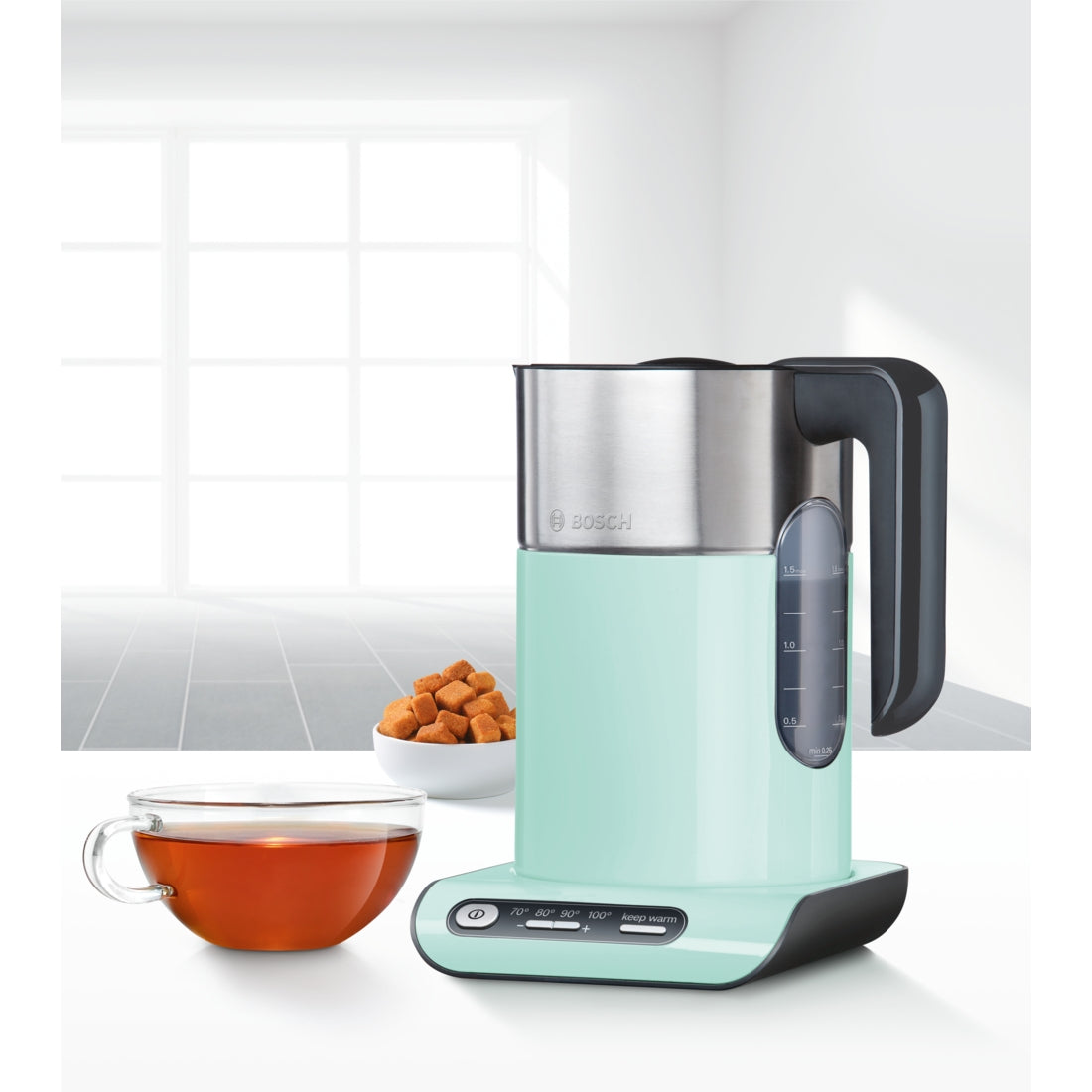 Bosch Wasserkocher TWK8612P – 1,5 l – Temperaturwahl – Türkis/Schwarz