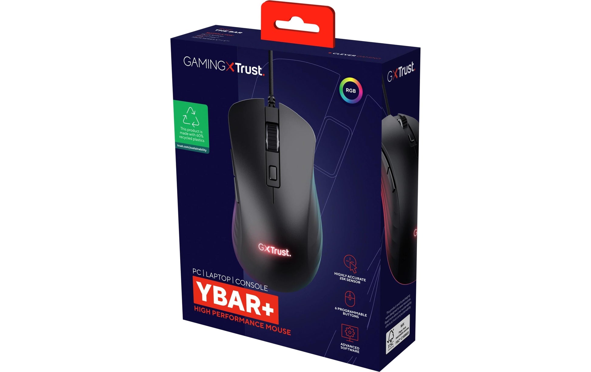 Trust GXT 924 YBAR+ Gaming-Maus – kabelgebunden, 6 Tasten, für Rechtshänder, RGB-Beleuchtung, schwarz