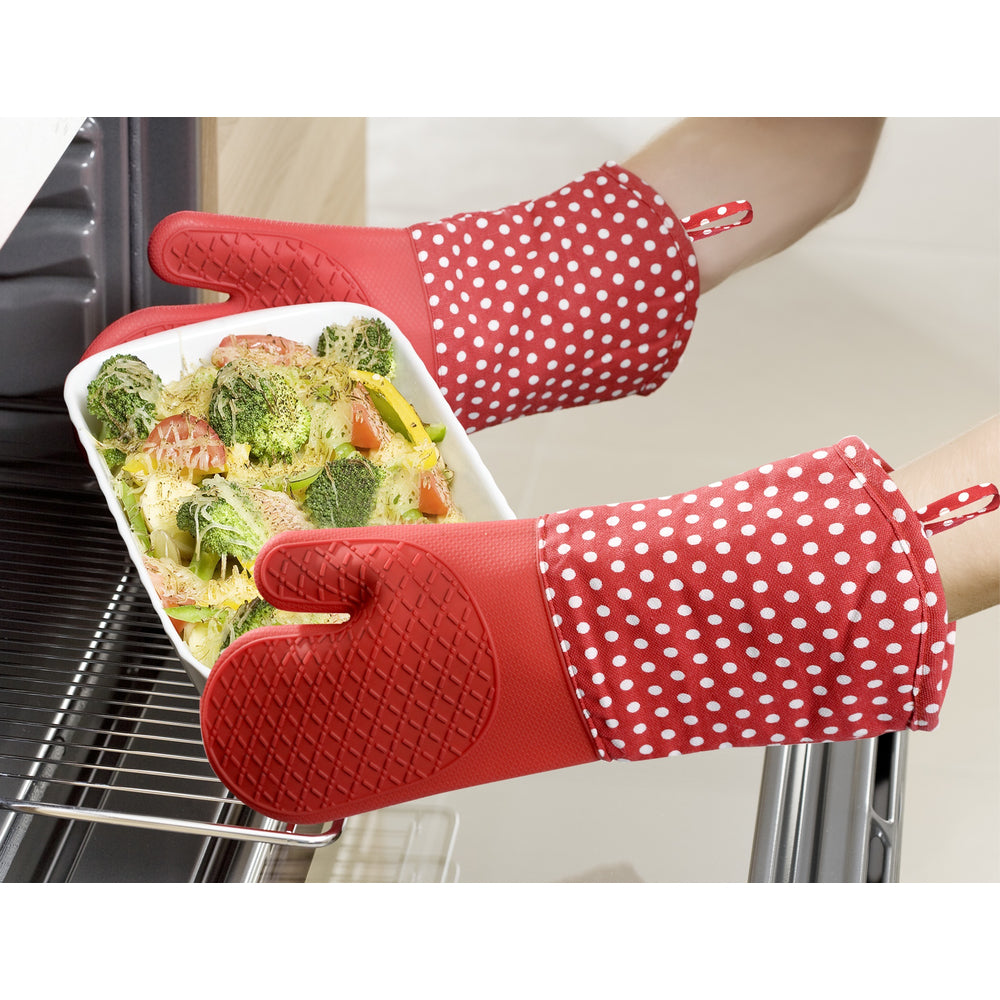 WENKO Topfhandschuhe 1 Paar, 18,5 × 37,5 cm, Baumwolle/Silikon, Rot, rutschfest, für Grill