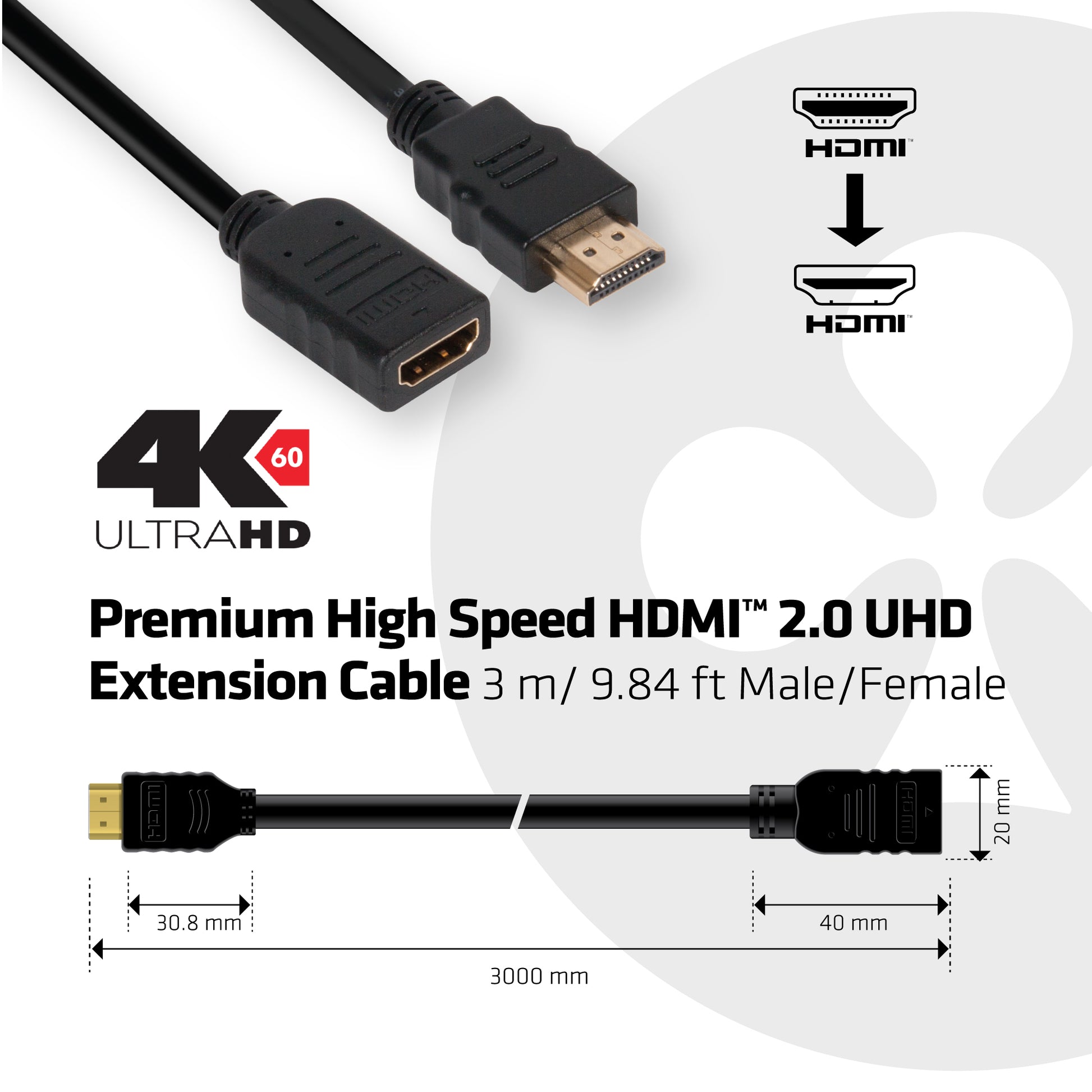 CLUB3D HDMI Verlängerungskabel HDMI 2.0 4K 60 Hz – 3 m