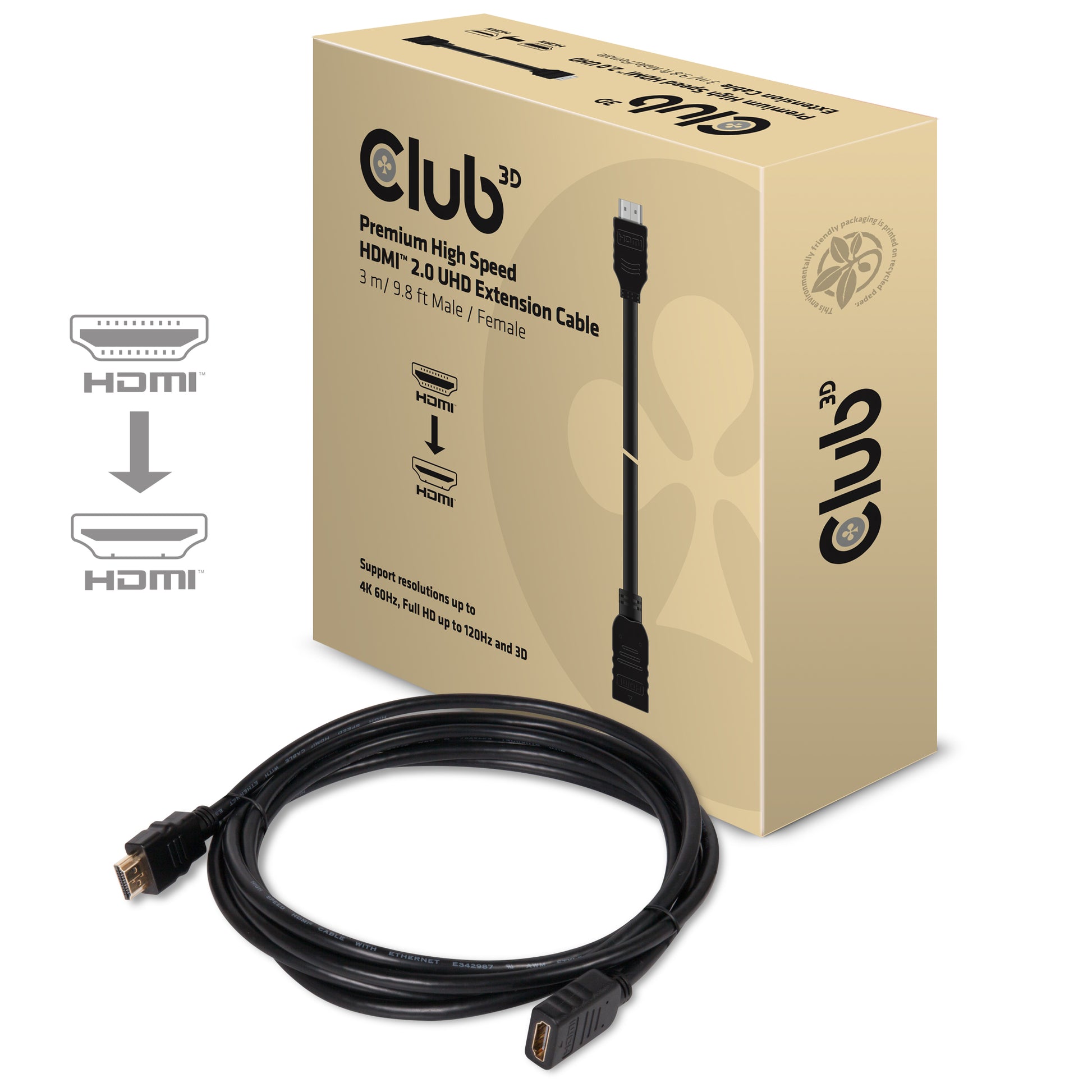 CLUB3D HDMI Verlängerungskabel HDMI 2.0 4K 60 Hz – 3 m