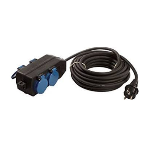 Bachmann Gartenstromverteiler, 4×T13, IP44, 10 m, H07RN-F 3G1,5 mm², mit Schutzkontaktstecker – schwarz/blau