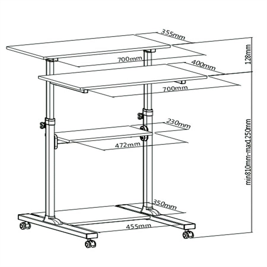 ROLINE Höhenverstellbarer Tisch, 70 × 35,5 cm, 81–125 cm, 60 kg, Lichtgrau/Schwarz, Kunststoff/Stahl, 4 Rollen