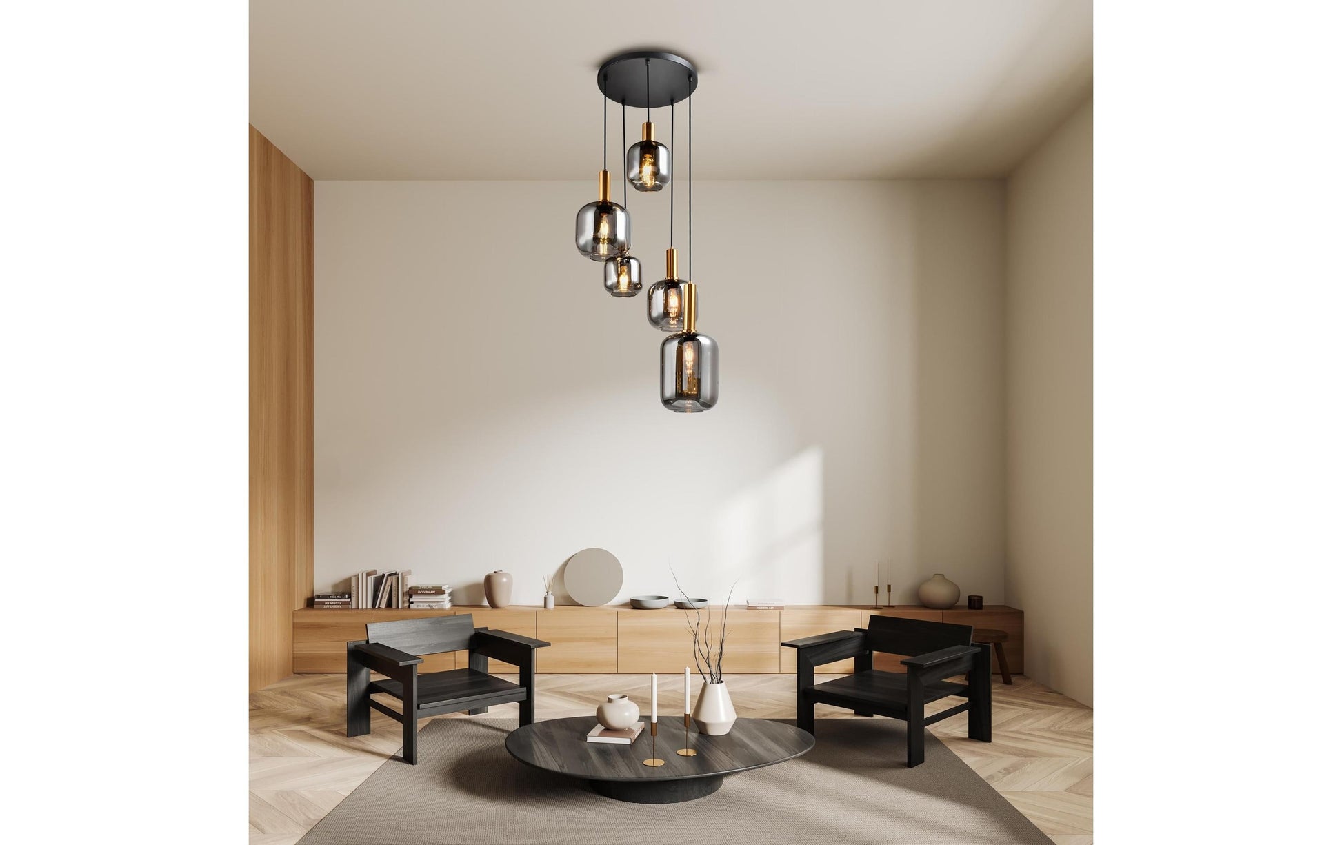 Näve Pendelleuchte 5-flammig Fumo – Ø 54,8 × 150 cm, 40 W, E27, inkl. Leuchtmittel, schwarz/gold