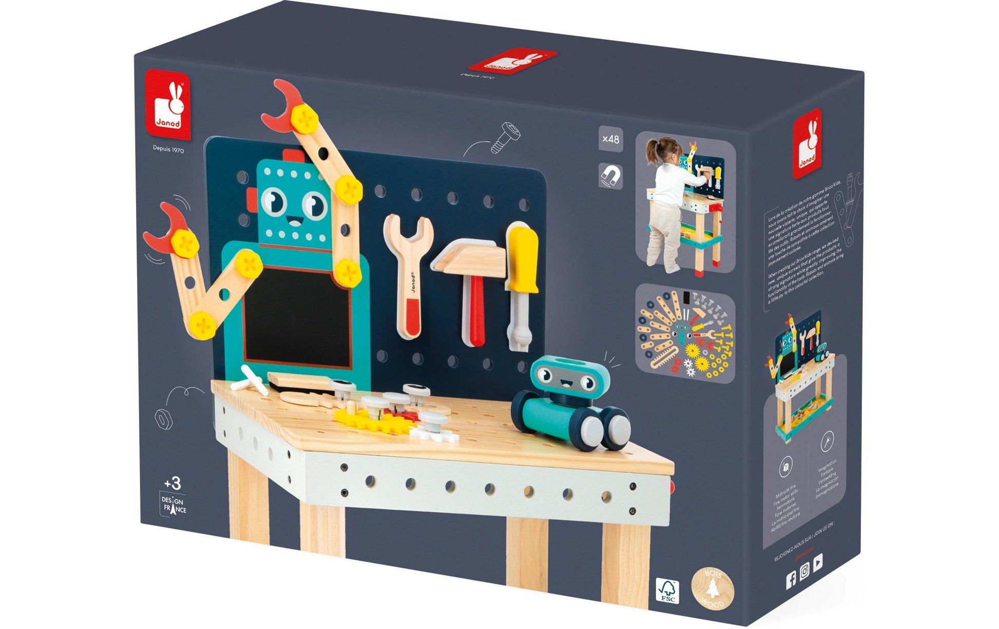 JANOD Brico'Kids Werkbank Roboter – 50-teilig – ab 3 Jahren – 48,0 × 79,0 × 31,5 cm – mehrfarbig – FSC