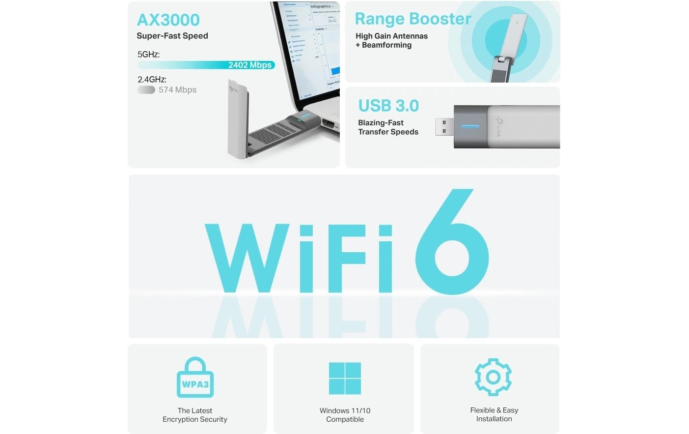 TP-Link Archer TX50UH USB-WLAN-Adapter – Wi-Fi 6, bis 3000 Mbit/s, Dual-Band, USB 3.2 Gen 1