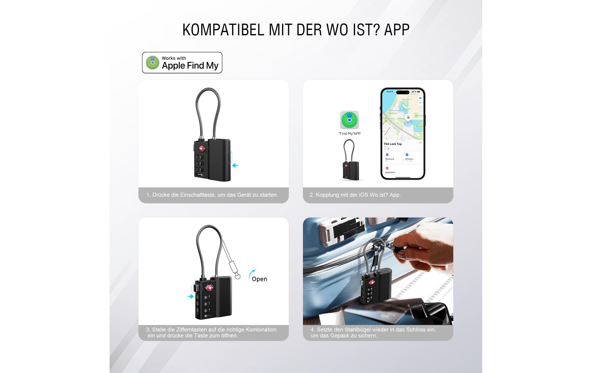 4smarts Smart-Gepäckschloss (Zahlenschloss) – mit Apple Find My, Bluetooth, IPX4 – 46×14×42 mm – schwarz