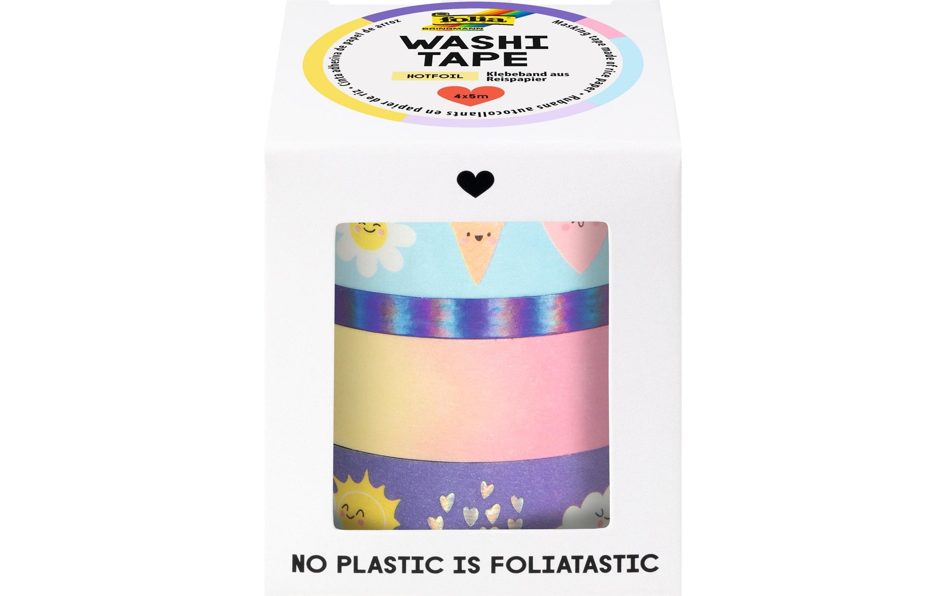 Folia Washi Tape-Set mit Heissfolienveredelung – sortiert – 4 Rollen (1×5 mm × 5 m, 3×15 mm × 5 m)