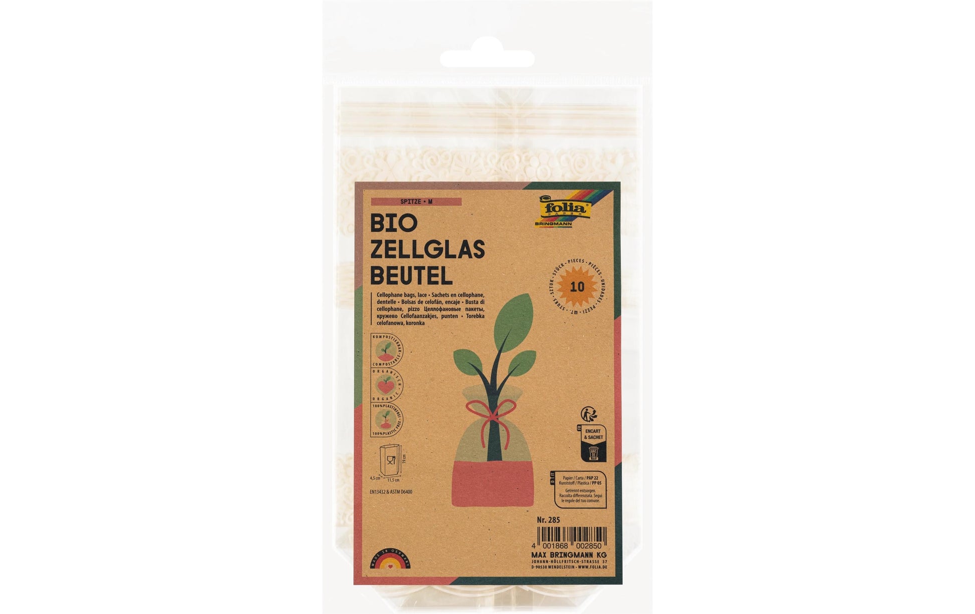 Folia Geschenktüten – Spitze – mit Kreuzboden, kompostierbar – 115 × 190 mm – 10 Stk.