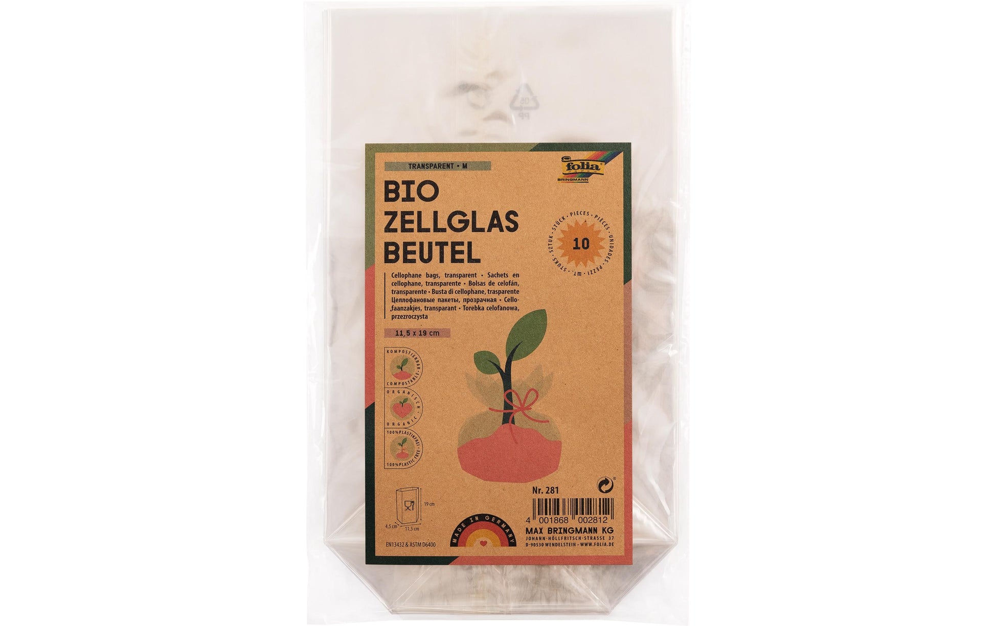 Folia Cellophantüten – mit Kreuzboden – 115 × 190 mm – 10 Stk., transparent