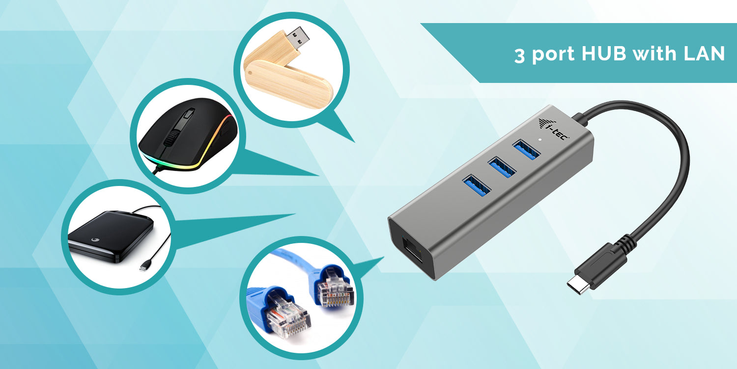 i-tec USB-Hub – USB-C, 3× USB-A, GbE, für Windows/Mac/Linux