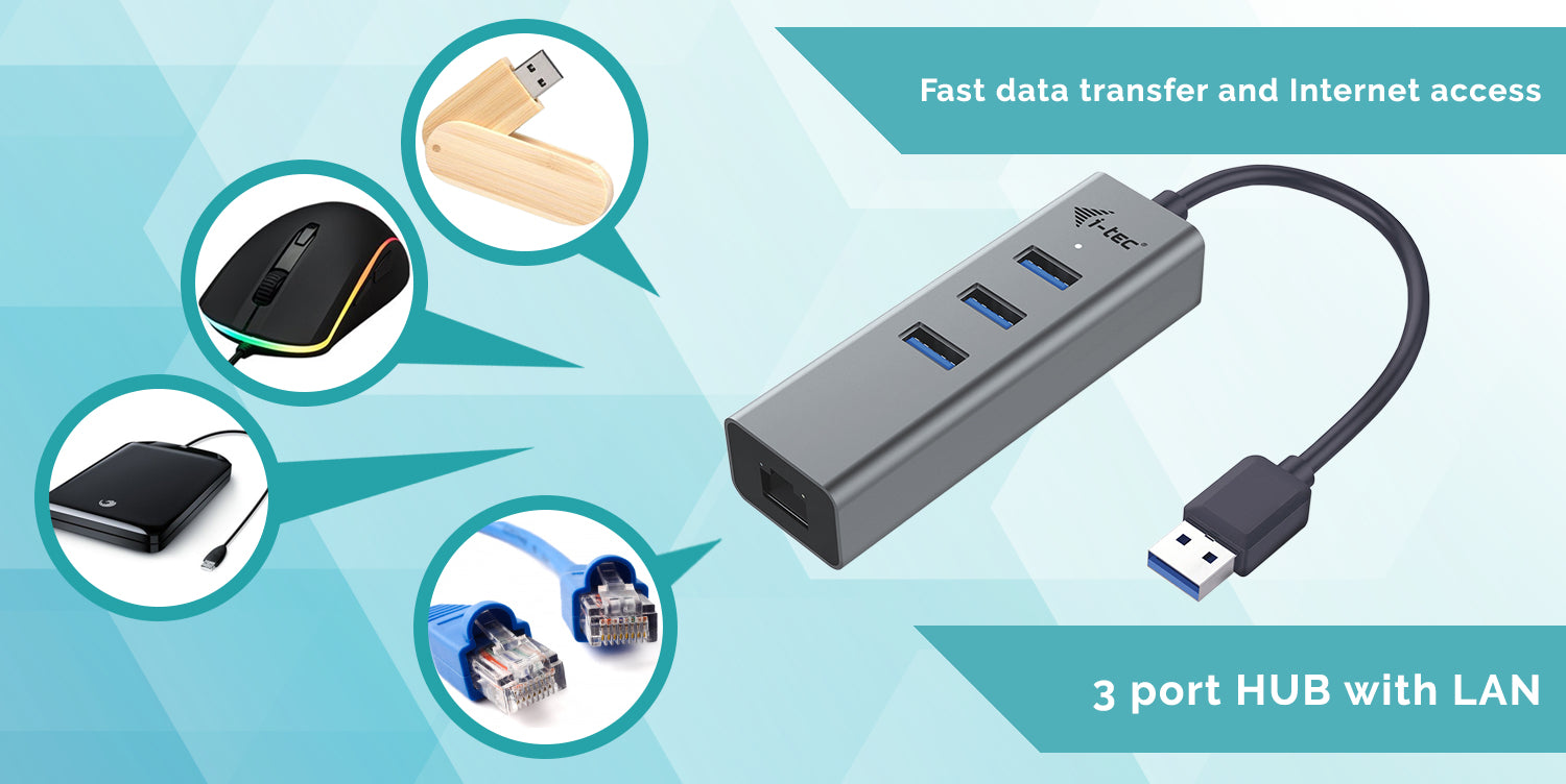 i-tec USB-Hub – 3× USB-A, GbE, für Windows/Linux