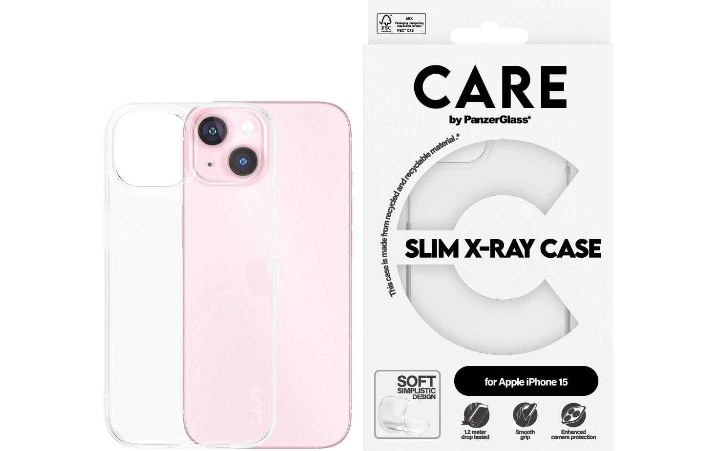PanzerGlass CARE Backcover – für Apple iPhone 15, Recycling-Kunststoff, transparent, bis 1,2 m sturzsicher