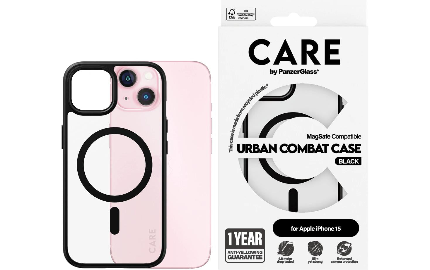 PanzerGlass CARE Flagship Backcover – für Apple iPhone 15, MagSafe, Kunststoff, schwarz, bis 4,8 m sturzsicher