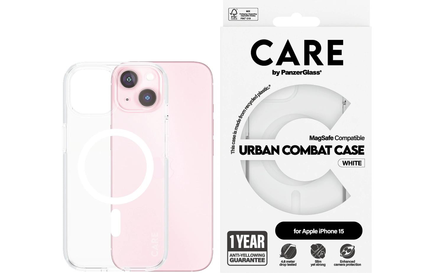 PanzerGlass CARE Flagship Backcover – für Apple iPhone 15, Recycling-Kunststoff, weiss, bis 4,8 m sturzsicher