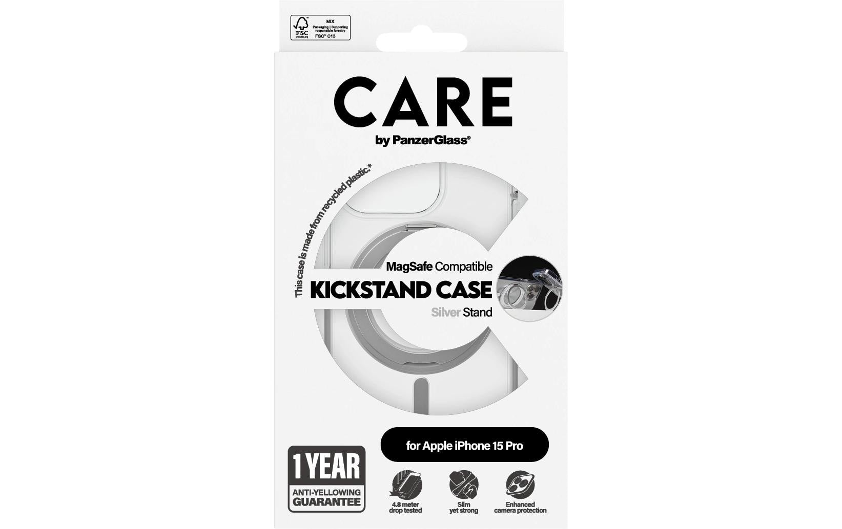 PanzerGlass CARE – Backcover – für Apple iPhone 15 Pro – transparent – MagSafe-kompatibel, mit Ständer