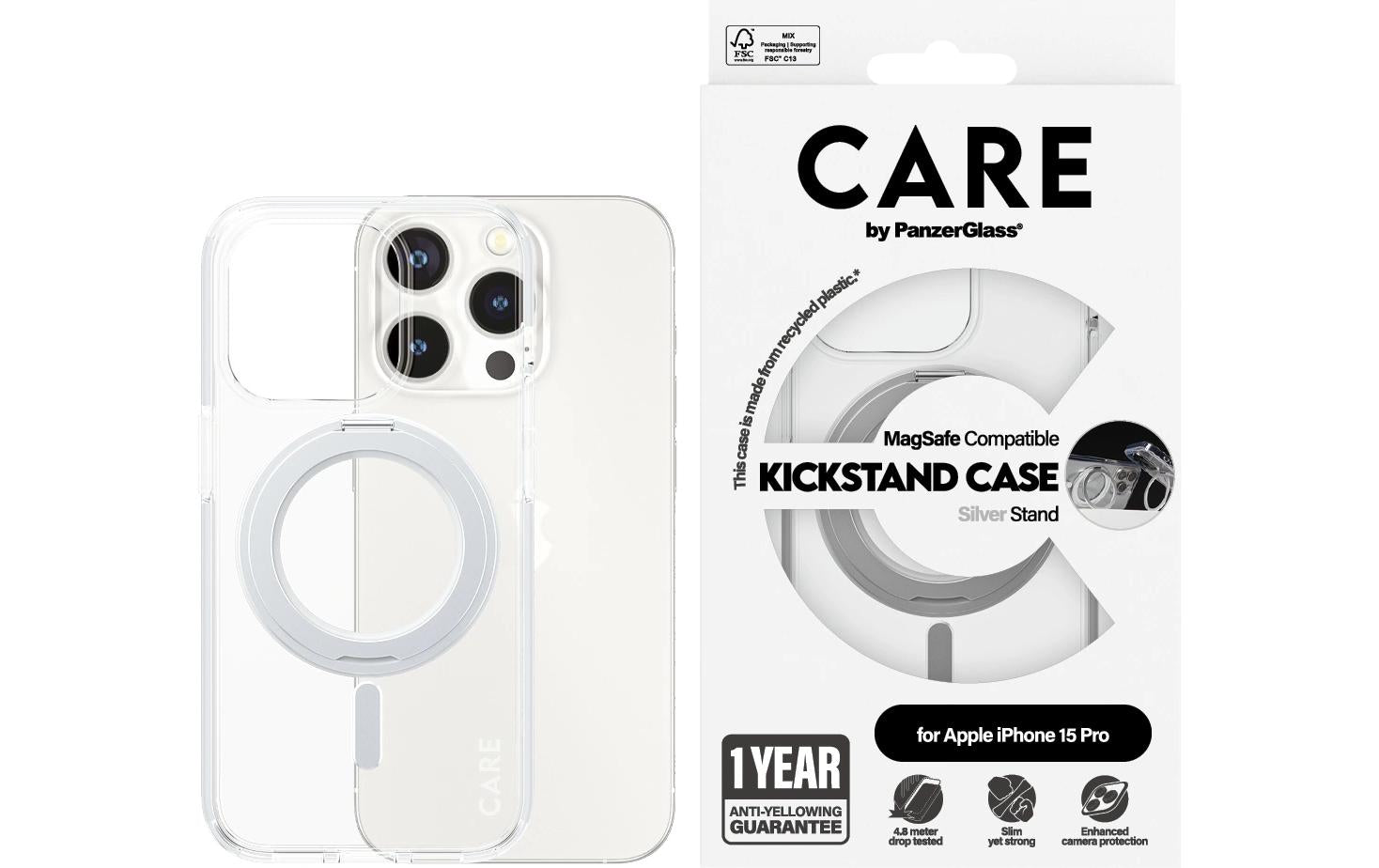 PanzerGlass CARE – Backcover – für Apple iPhone 15 Pro – transparent – MagSafe-kompatibel, mit Ständer