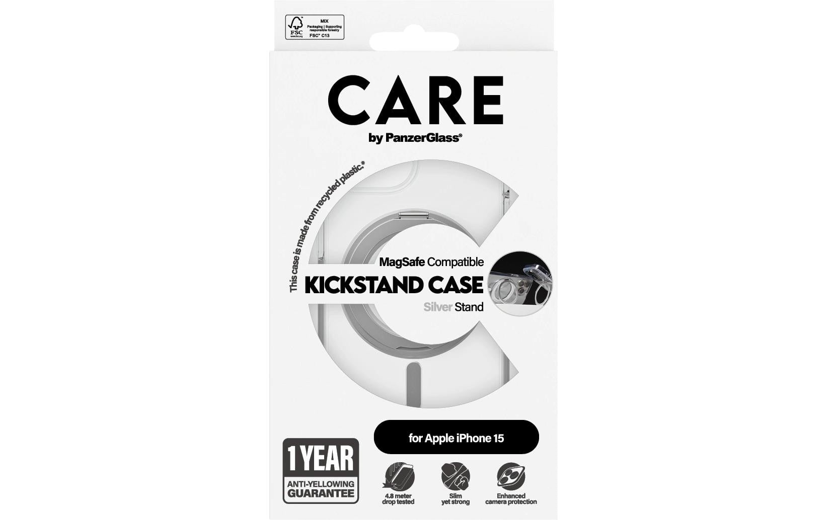 PanzerGlass CARE – Backcover – für Apple iPhone 15 – transparent – Kunststoff – MagSafe-kompatibel, mit Standfuss