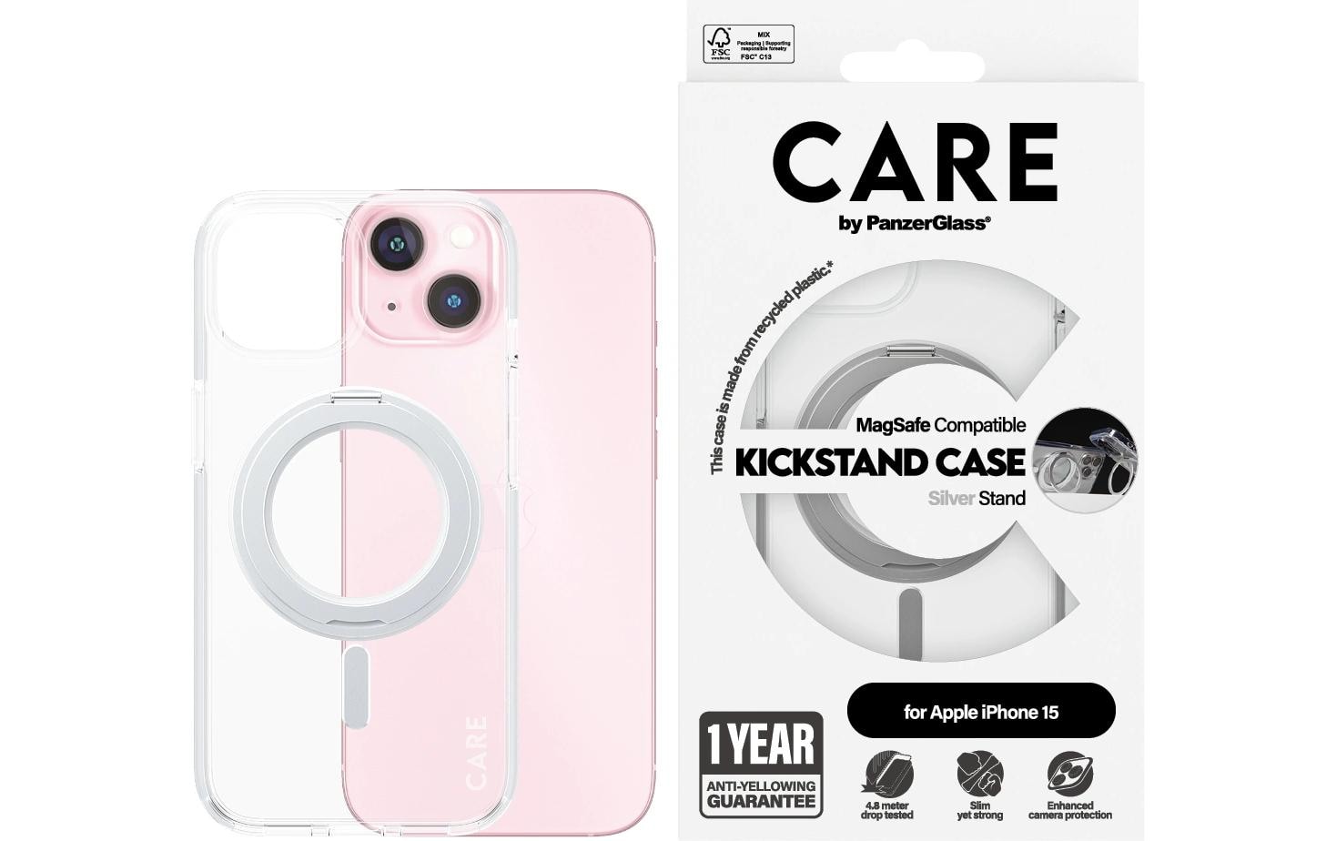 PanzerGlass CARE – Backcover – für Apple iPhone 15 – transparent – Kunststoff – MagSafe-kompatibel, mit Standfuss