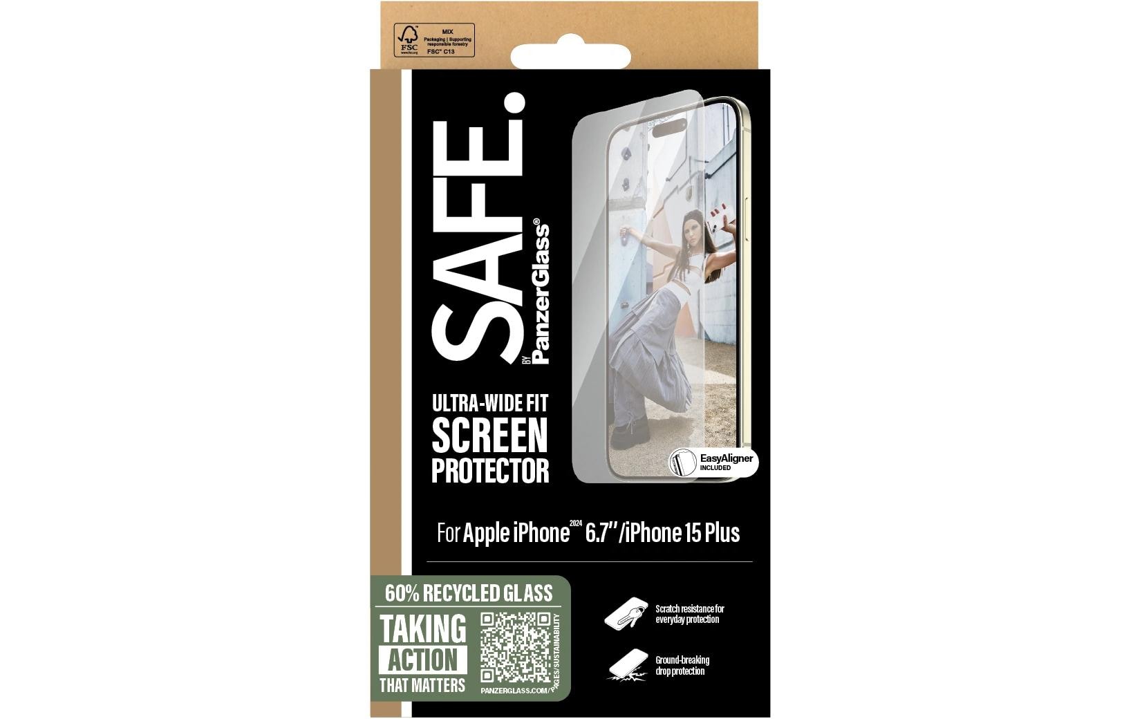 PanzerGlass SAFE. – Displayschutz (Panzerglas), Ultra-Wide Fit – für iPhone 16 Plus/iPhone 15 Plus – mit Applikator