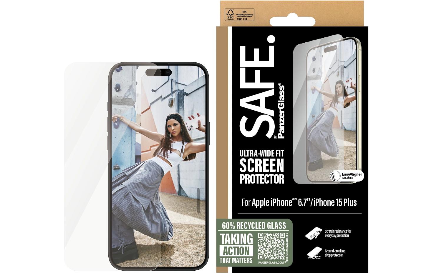 PanzerGlass SAFE. – Displayschutz (Panzerglas), Ultra-Wide Fit – für iPhone 16 Plus/iPhone 15 Plus – mit Applikator