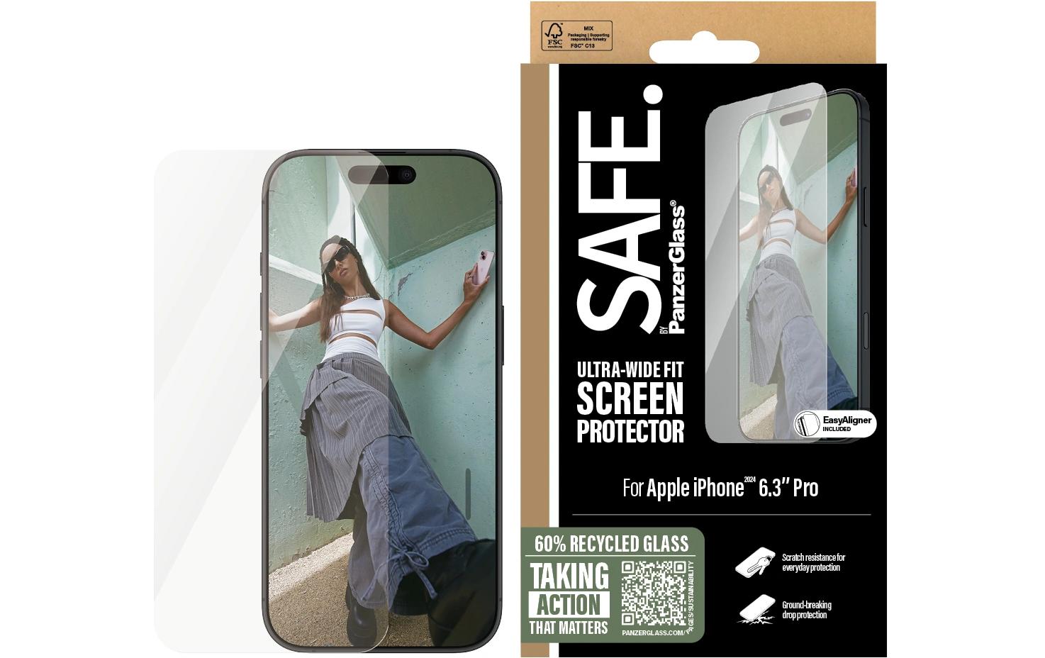 PanzerGlass SAFE. – Displayschutz (Panzerglas), Ultra-Wide Fit – für iPhone 16 Pro – mit Applikator