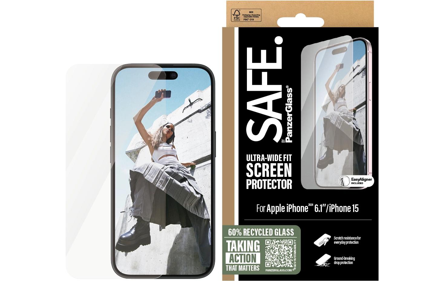 PanzerGlass SAFE. – Displayschutz (Panzerglas), Ultra-Wide Fit – für iPhone 16/15 – mit Applikator