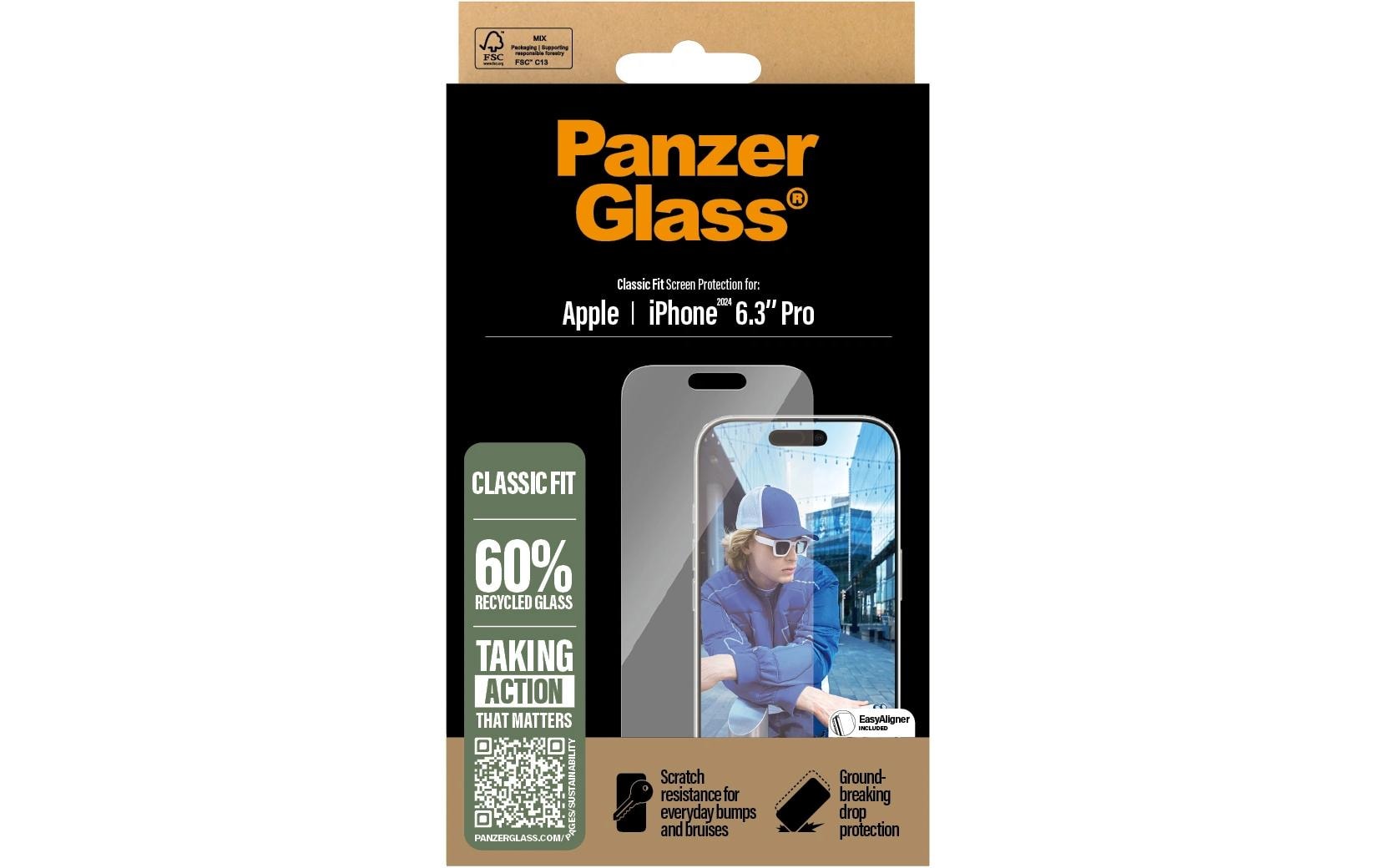 PanzerGlass Displayschutz (Panzerglas), Anti-Fingerprint – für iPhone 16 Pro – mit Applikator