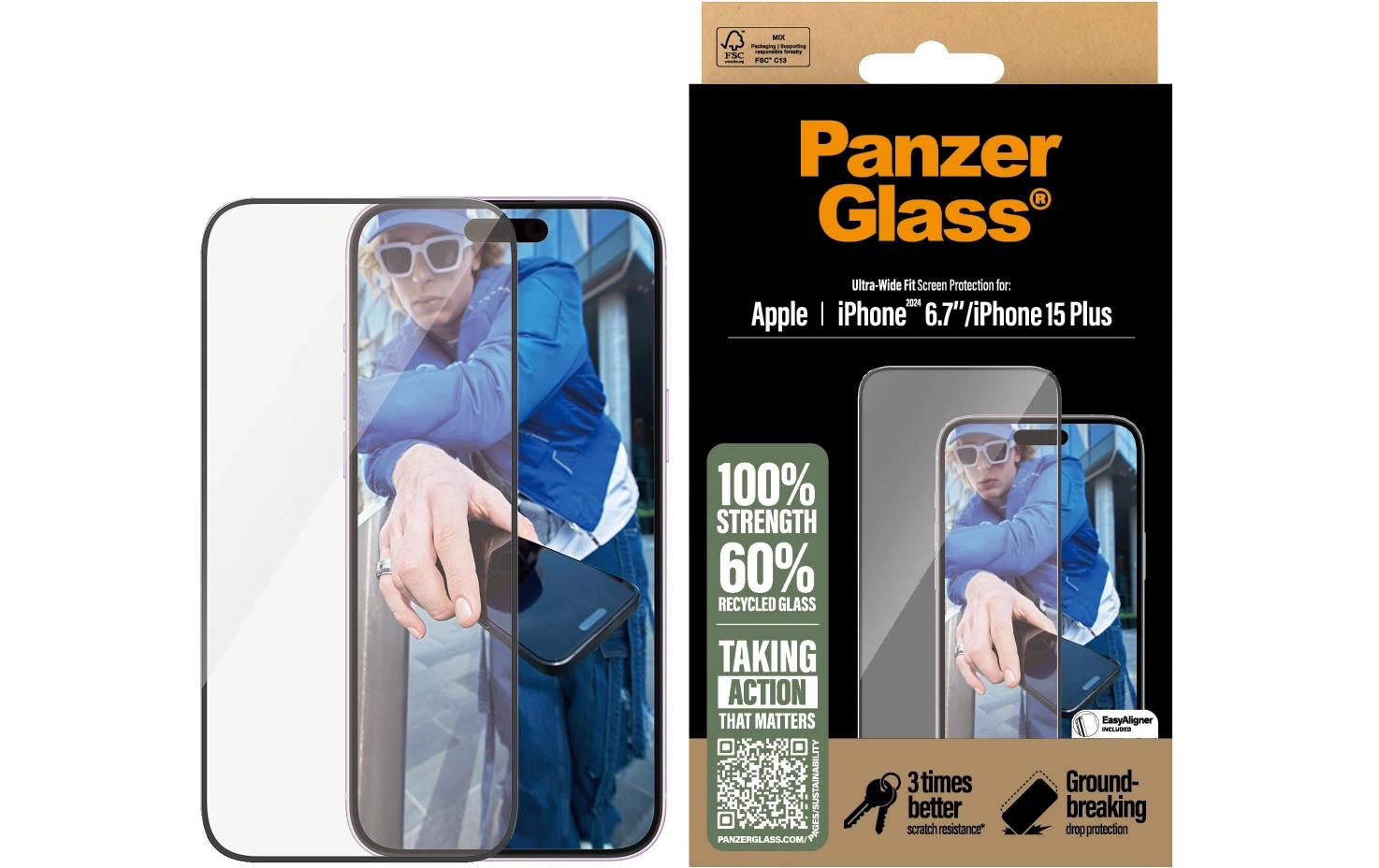 PanzerGlass Displayschutzglas – für Apple iPhone 16 Plus/15 Plus – Ultra-Wide Fit, Hartglas, Kratzresistent