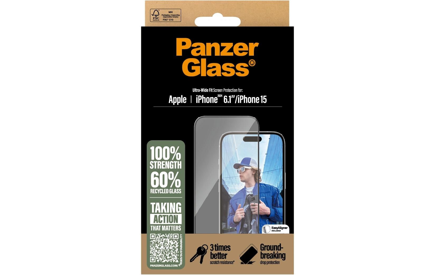 PanzerGlass Displayschutz, gehärtetes Glas, transparent – für Apple iPhone 16/iPhone 15 – 1er-Pack