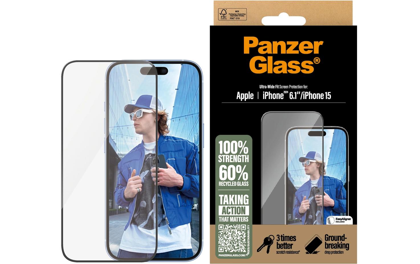 PanzerGlass Displayschutz, gehärtetes Glas, transparent – für Apple iPhone 16/iPhone 15 – 1er-Pack