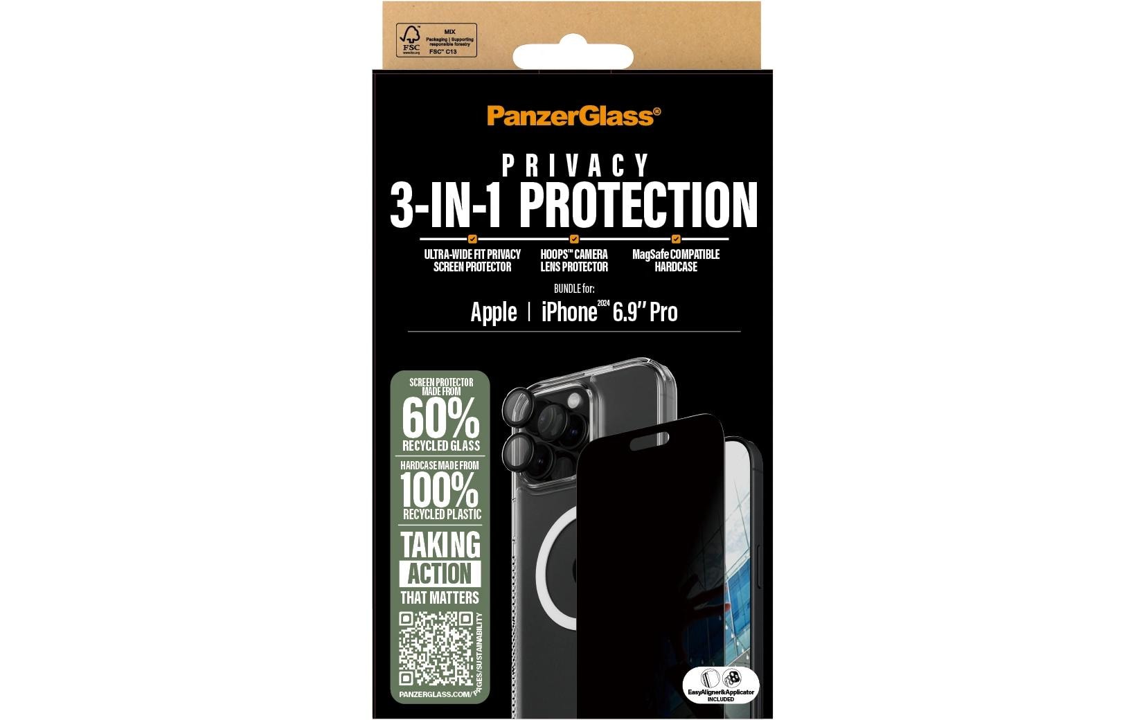 PanzerGlass Privacy-Filter (Panzerglas), Anti-Fingerprint – für iPhone 16 Pro Max – mit Applikator