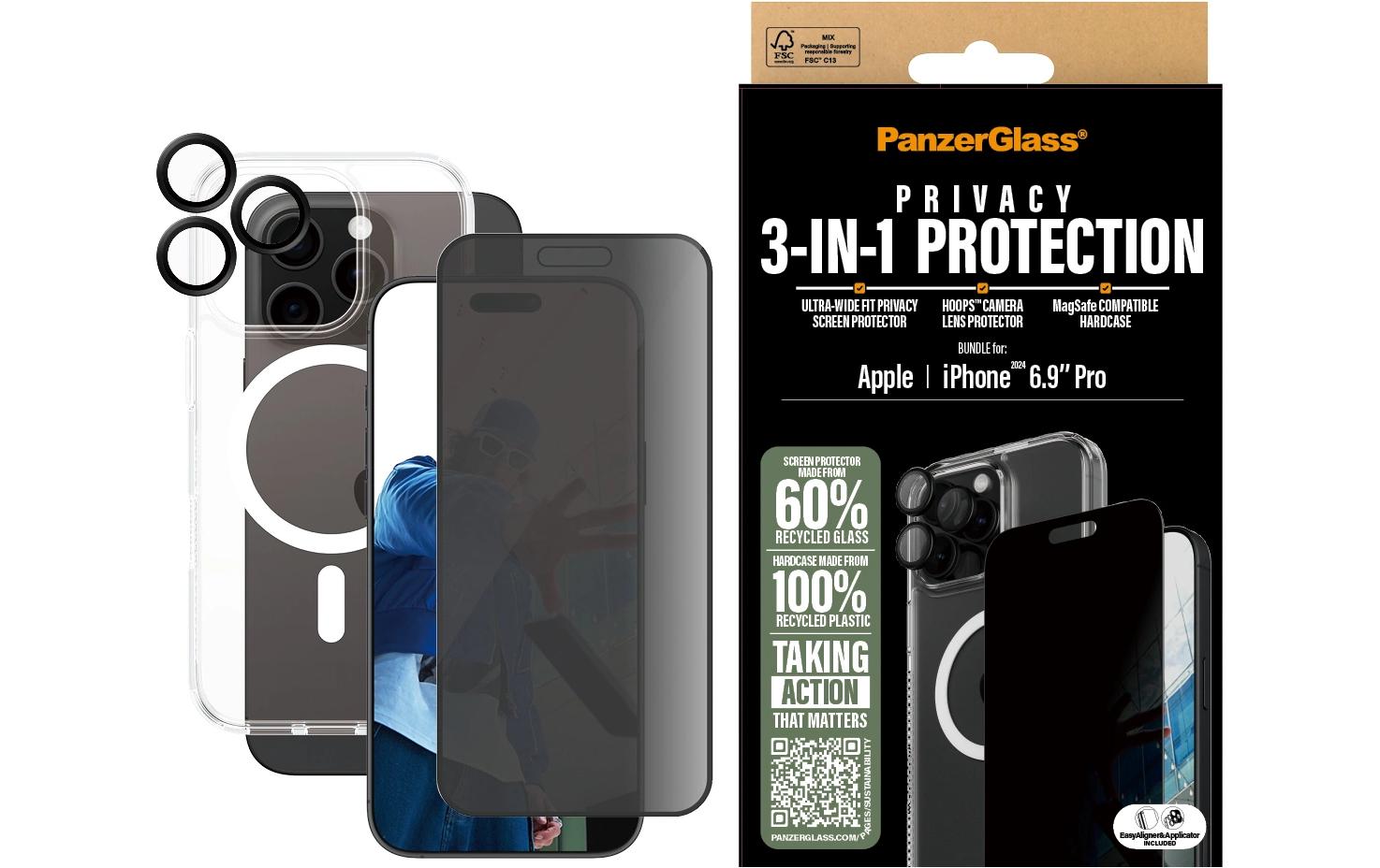 PanzerGlass Privacy-Filter (Panzerglas), Anti-Fingerprint – für iPhone 16 Pro Max – mit Applikator