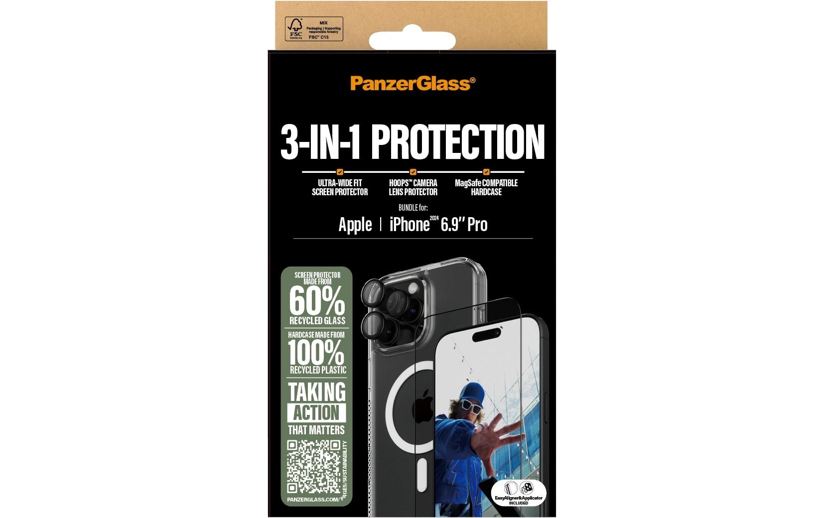 PanzerGlass Schutz-Set 3-in-1 – für Apple iPhone 16 Pro Max, kratzresistent, schockresistent, Hartglas