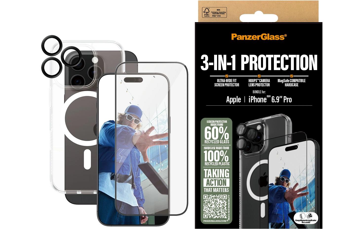 PanzerGlass Schutz-Set 3-in-1 – für Apple iPhone 16 Pro Max, kratzresistent, schockresistent, Hartglas