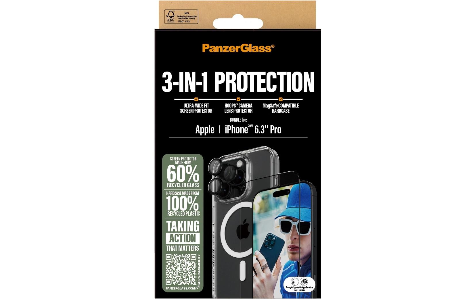 PanzerGlass 3-in-1 Starter-Set (Displayschutzglas, Hülle, Hoops) – für iPhone 16 Pro – Transparent