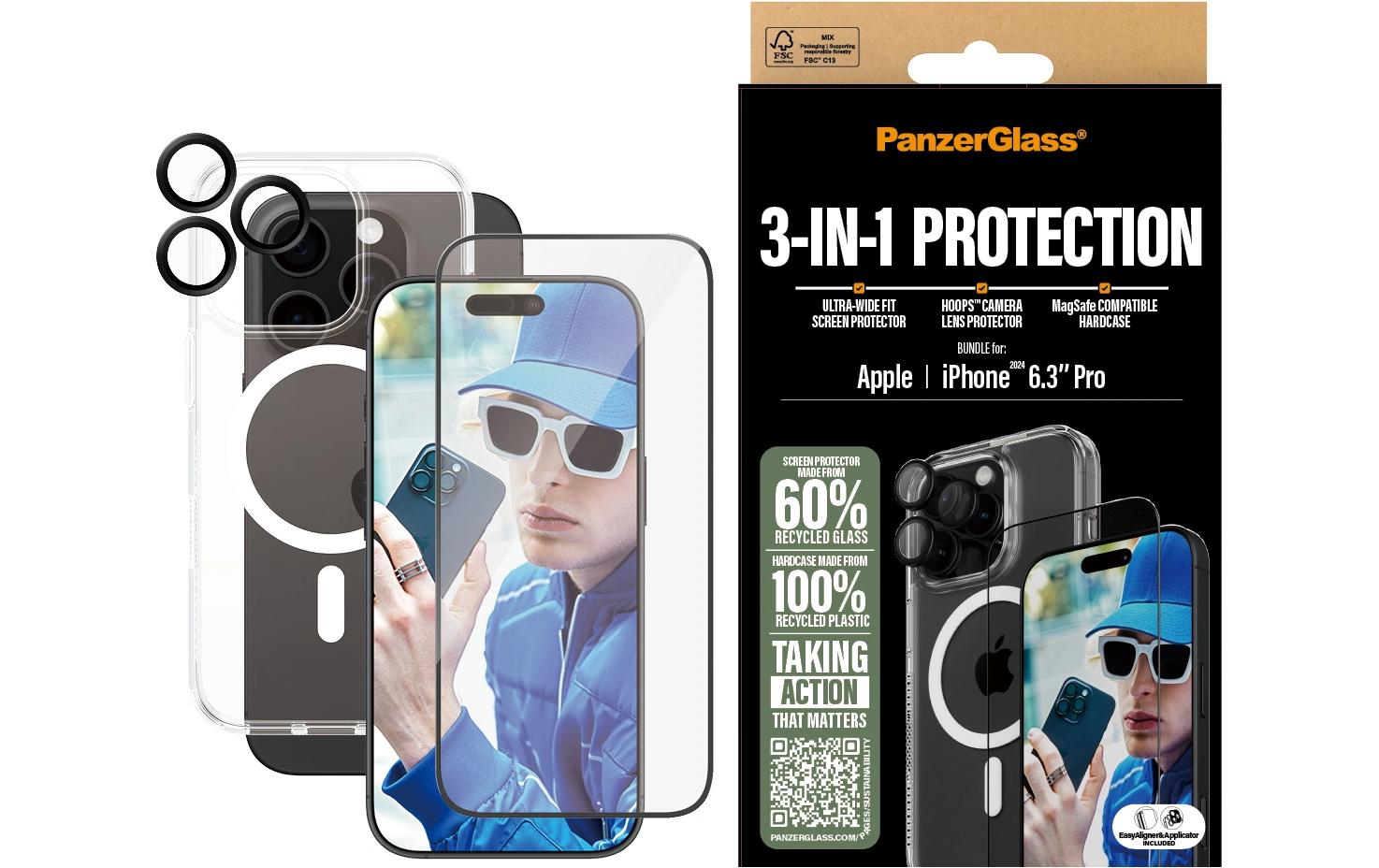 PanzerGlass 3-in-1 Starter-Set (Displayschutzglas, Hülle, Hoops) – für iPhone 16 Pro – Transparent