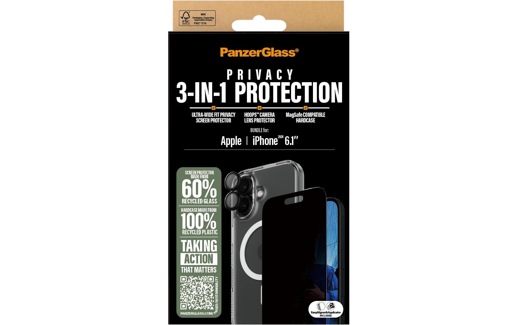 PanzerGlass Schutz-Set 3-in-1 Privacy-Filter – für Apple iPhone 16, kratzresistent, stossfest