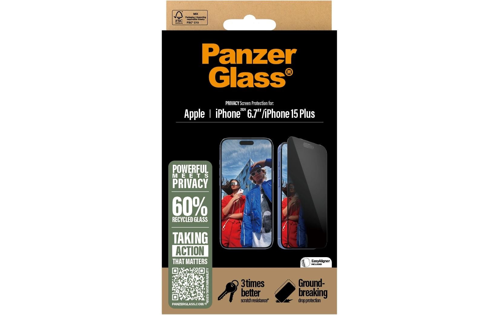 PanzerGlass Privacy-Filter (Panzerglas), Ultra-Weit Passform – für iPhone 16 Plus/15 Plus – mit Applikator