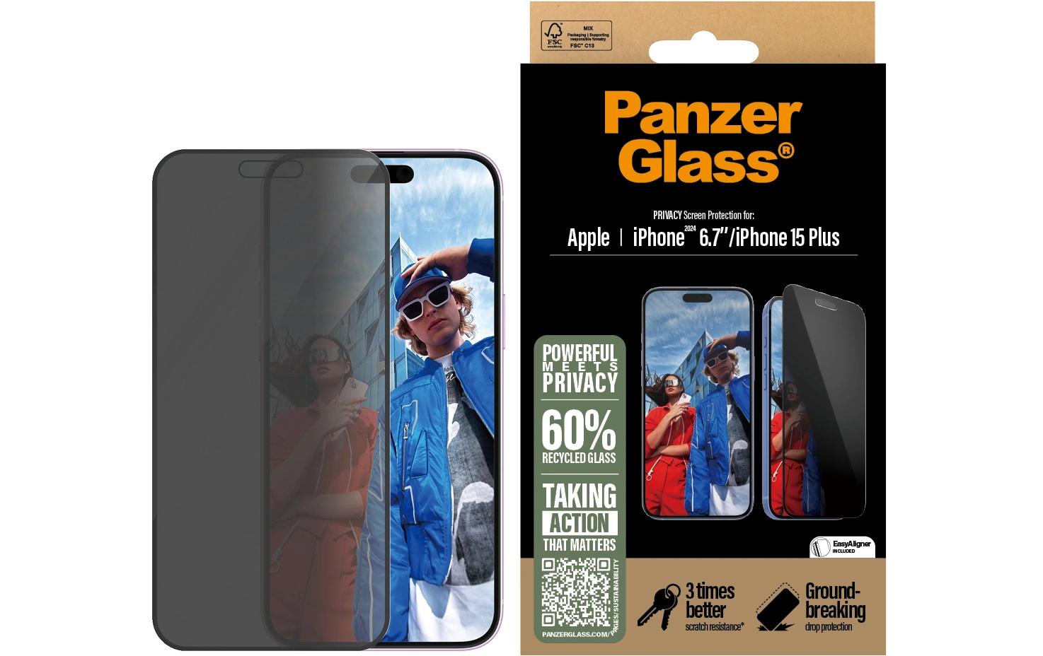 PanzerGlass Privacy-Filter (Panzerglas), Ultra-Weit Passform – für iPhone 16 Plus/15 Plus – mit Applikator