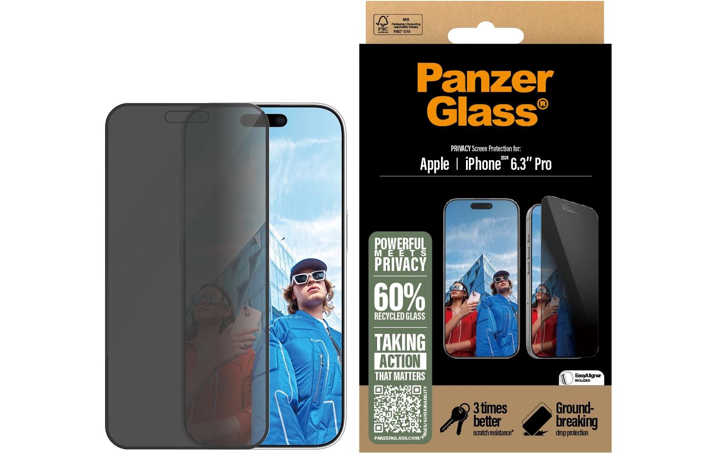 PanzerGlass Privacy-Filter (Panzerglas), Ultra-Wide Fit – für iPhone 16 Pro – mit Applikator
