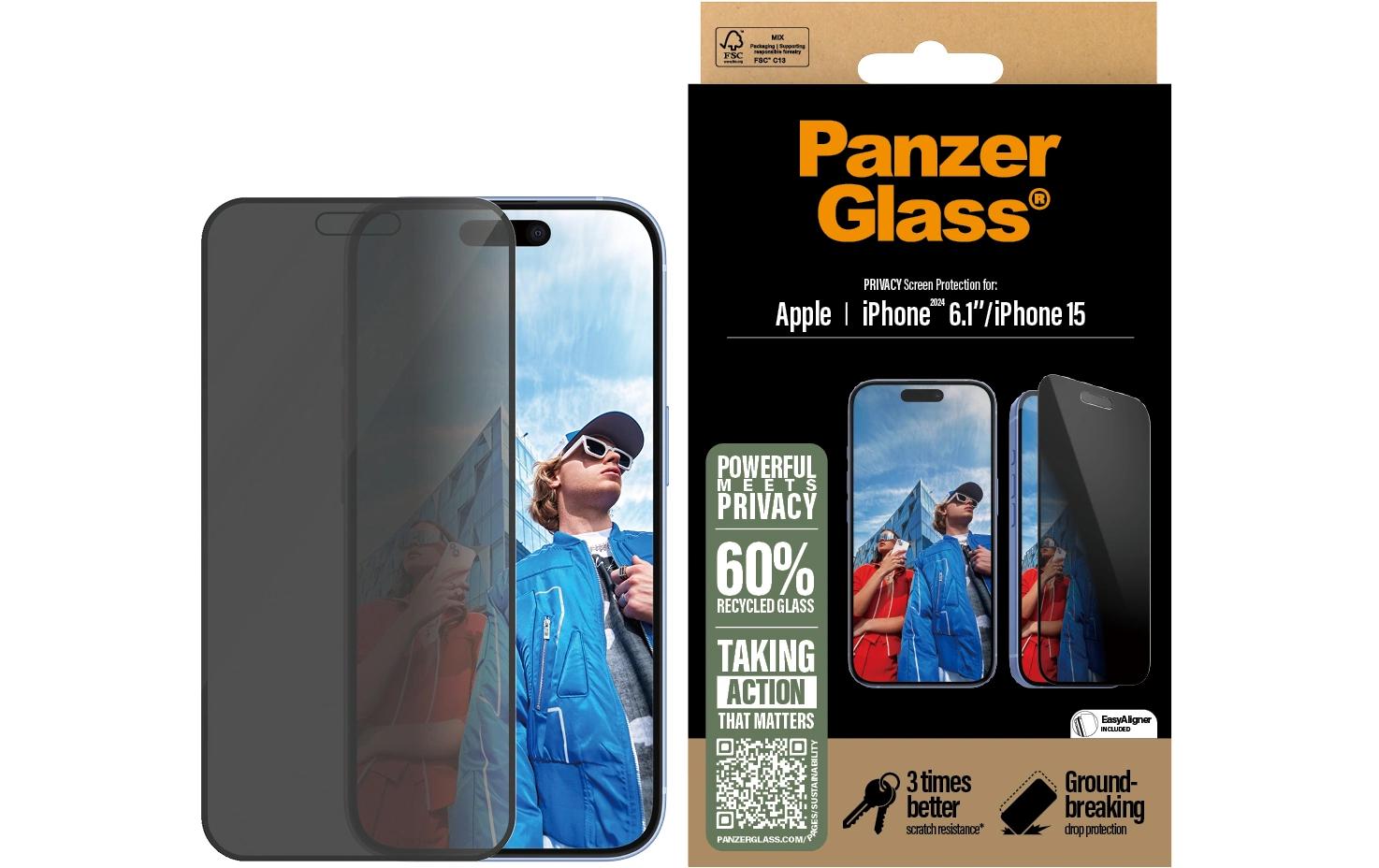 PanzerGlass Displayschutzglas – für Apple iPhone 15/16, kratzresistent, anti-Fingerprint, Hartglas, transparent