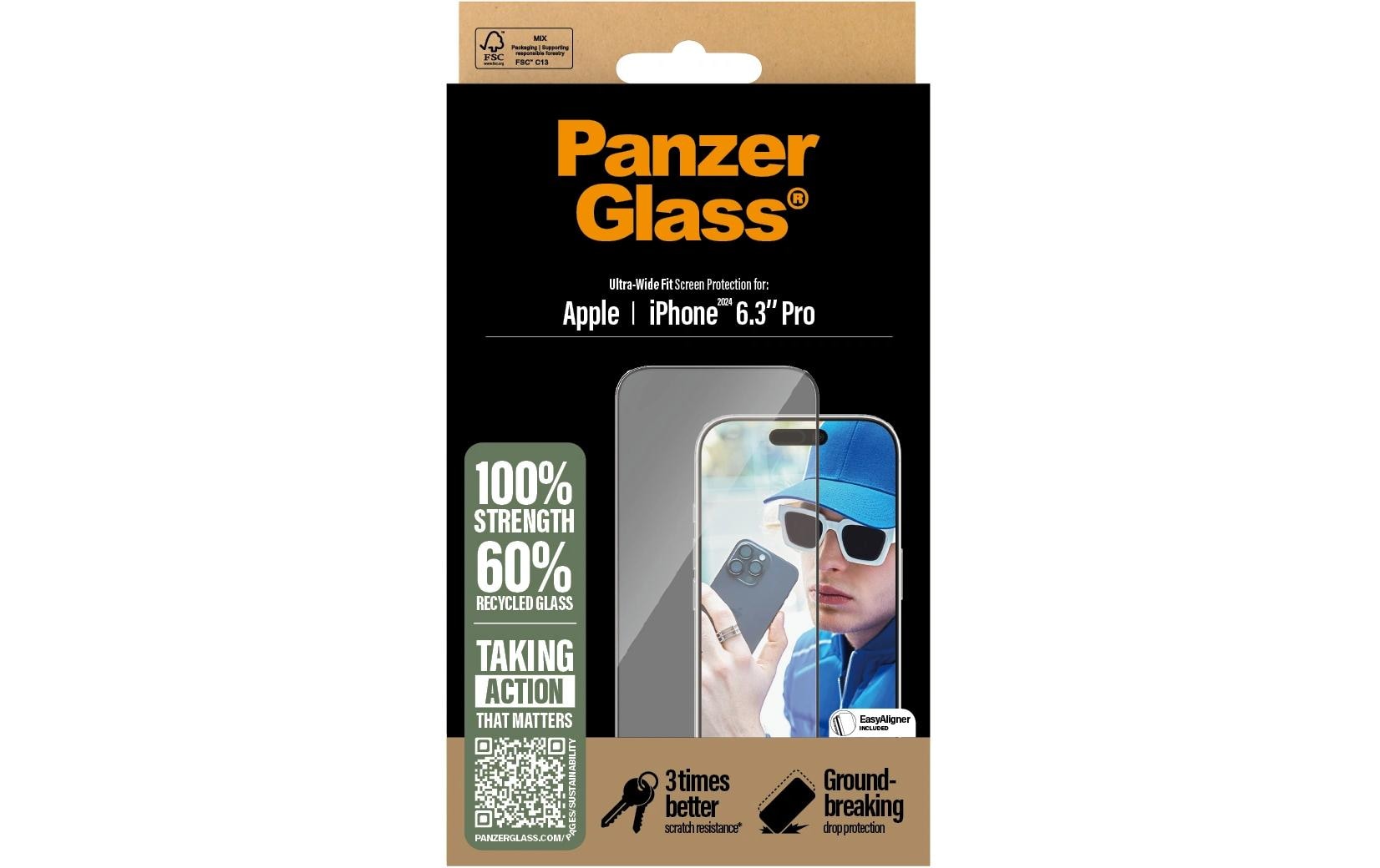 PanzerGlass Displayschutz (Panzerglas), Ultra-Wide Fit – für iPhone 16 Pro – mit Applikator