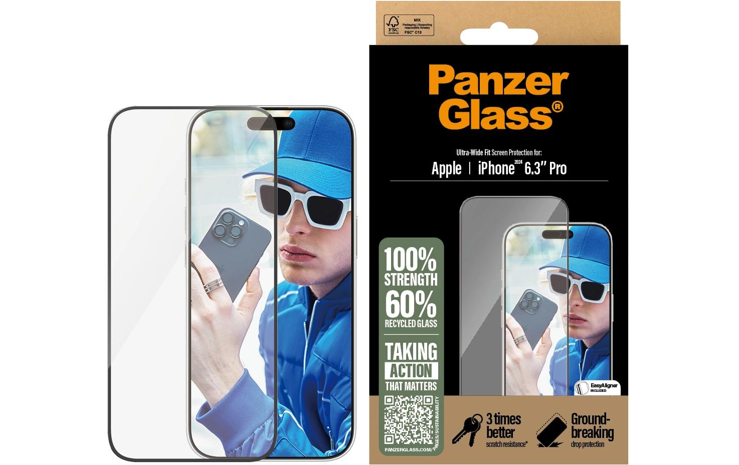 PanzerGlass Displayschutz (Panzerglas), Ultra-Wide Fit – für iPhone 16 Pro – mit Applikator