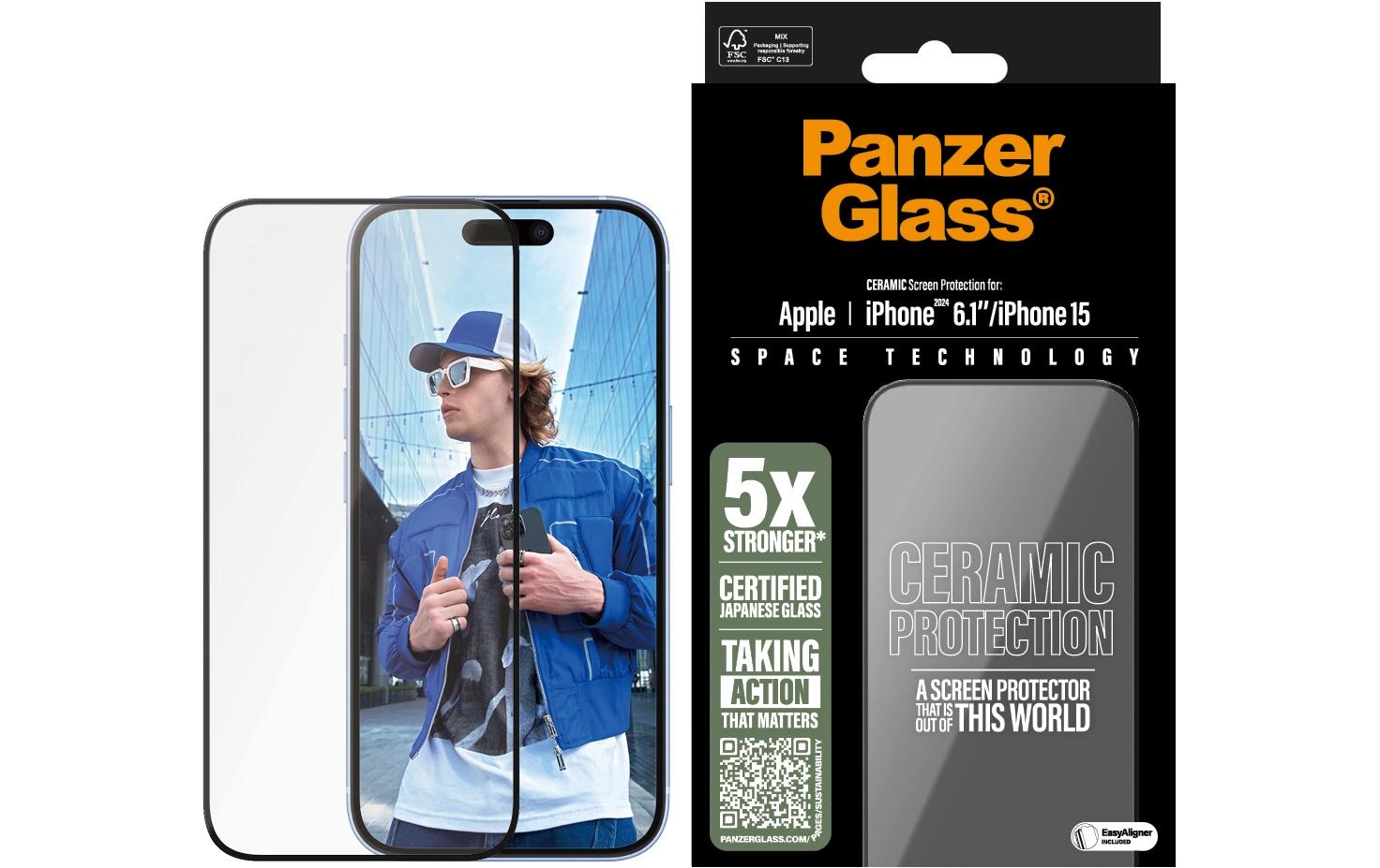 PanzerGlass Displayschutz (Panzerglas), Ultra-Wide Fit – für iPhone 16/iPhone 15 – mit Applikator
